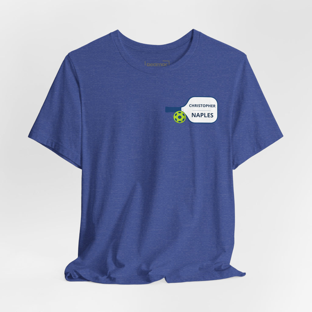 Custom personalized pickleball T-shirt with paddle graphic, featuring name and club design by Printify.