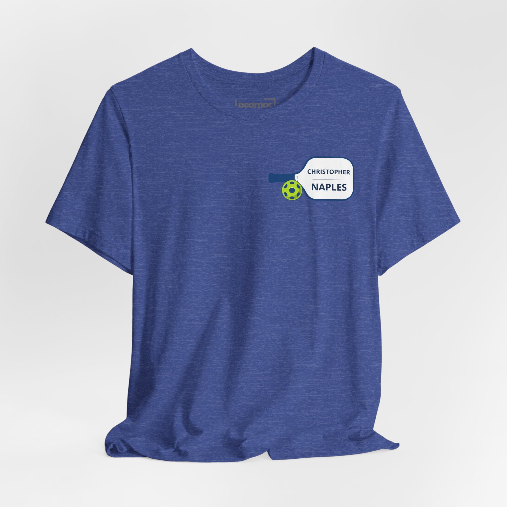Custom personalized pickleball T-shirt with paddle graphic, featuring name and club design by Printify.