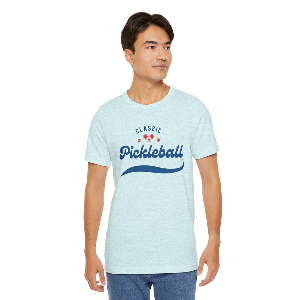 Red and blue pickleball paddle and ball design on a classic script tee, casual T-shirt by Printify featuring pickleball sport style.