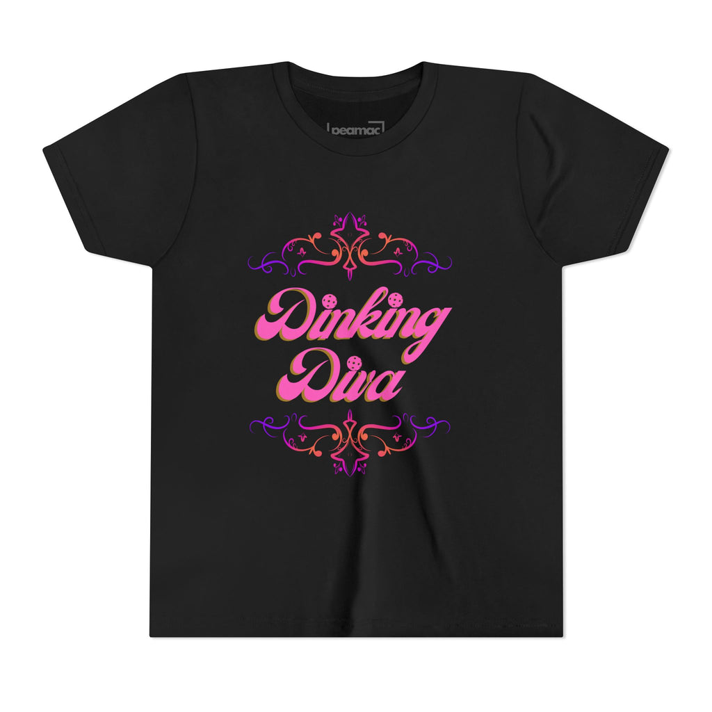 Pink Dinking Diva youth pickleball tee for kids, featuring a fun and colorful design, by Printify.
