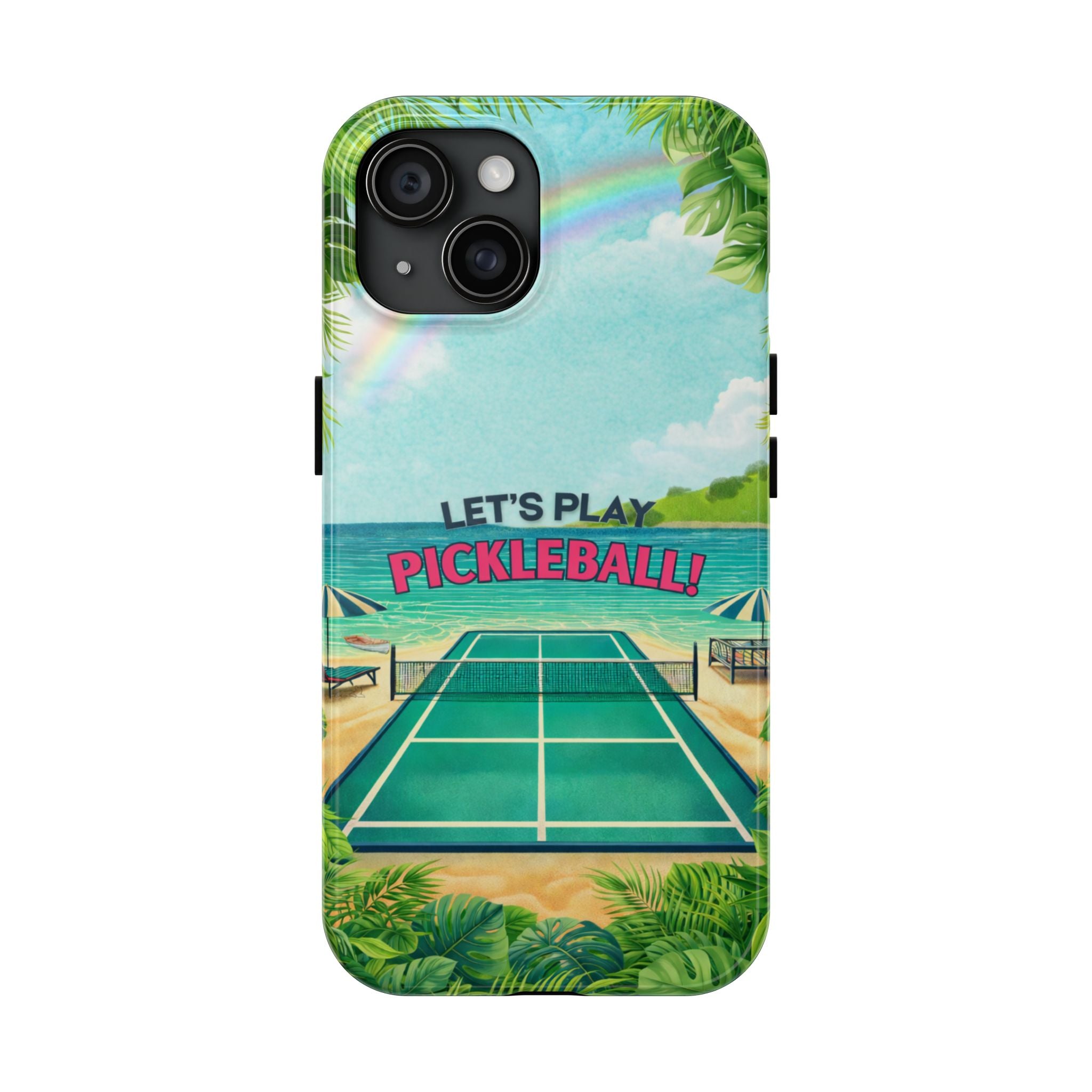 Tropical-themed Pickleball phone case by Printify featuring beach court design, protective cover for smartphone protection.