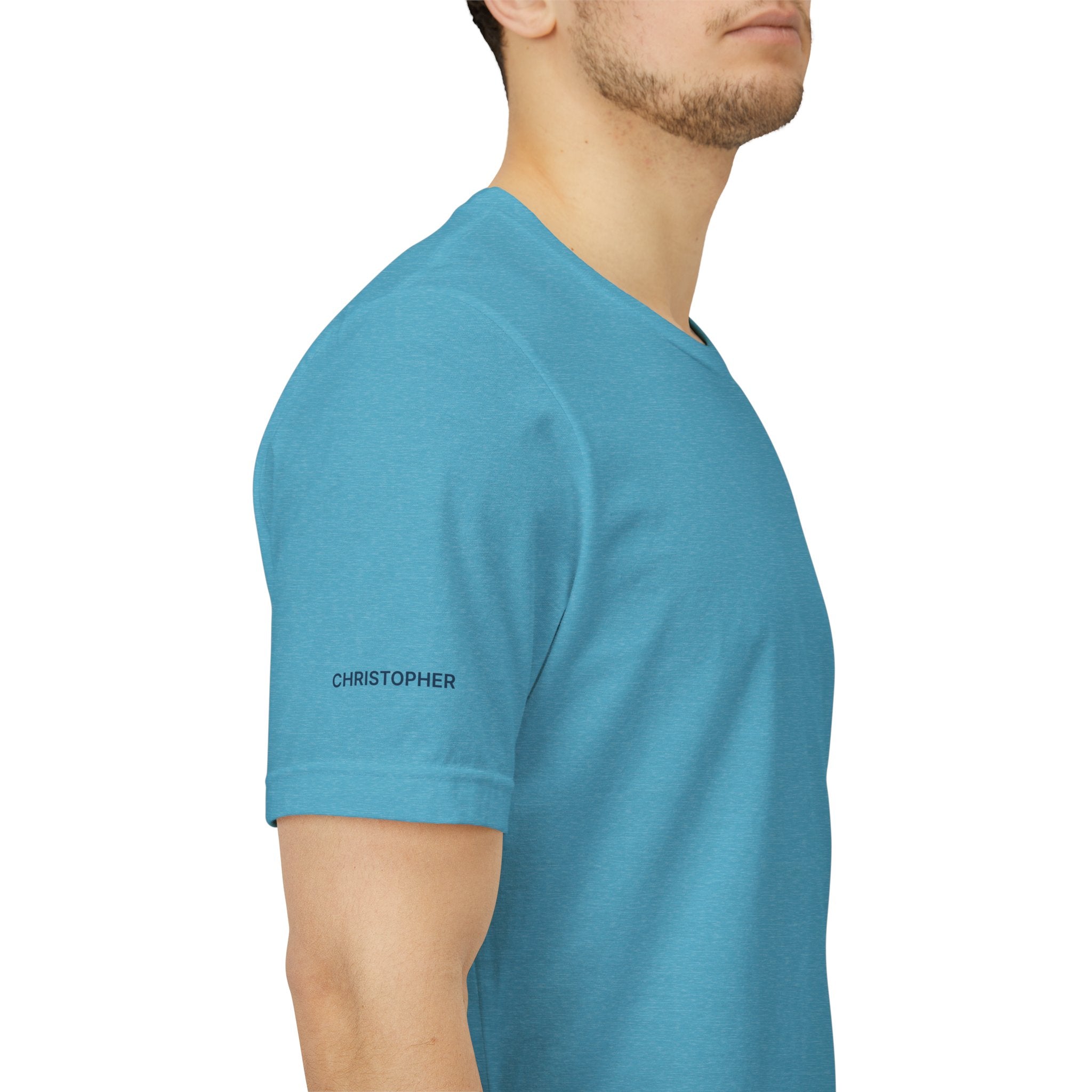 Personalized pickleball T-shirt by Printify with custom name sleeve, club logo, and pickleball graphic on the center back.