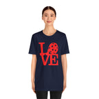 Red LOVE Pickleball graphic T-shirt by Printify featuring bold pop art design, casual short-sleeve style.