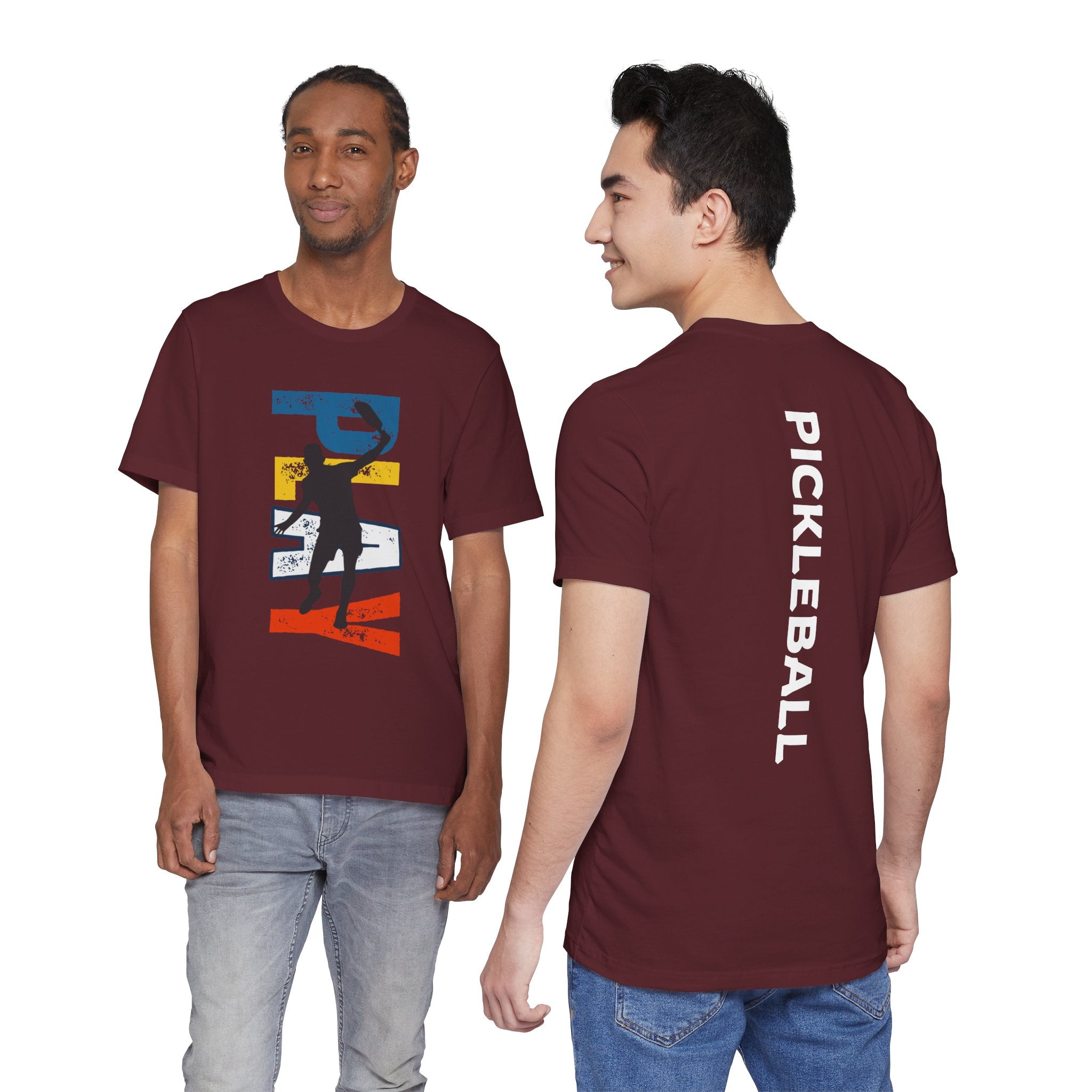Men's Retro Pickleball Action Tee with dynamic front silhouette and vertical 'PICKLEBALL' text on the back, by Printify.