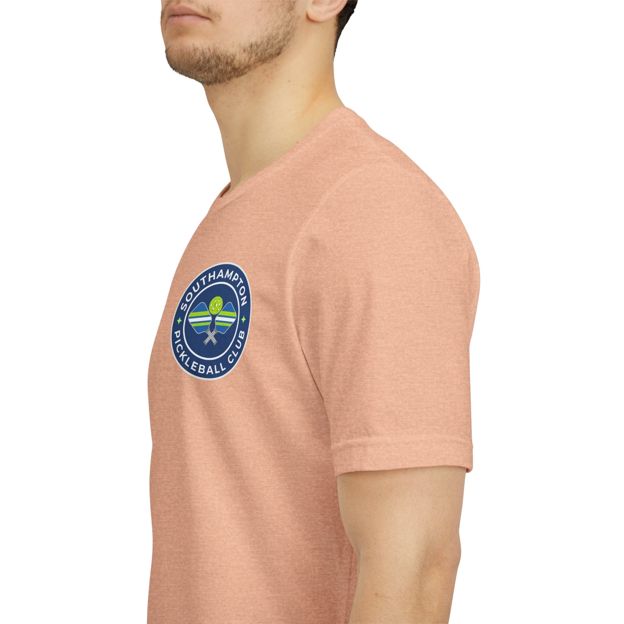 Personalized pickleball T-shirt by Printify featuring custom name sleeve and club logo with pickleball graphic on the back.