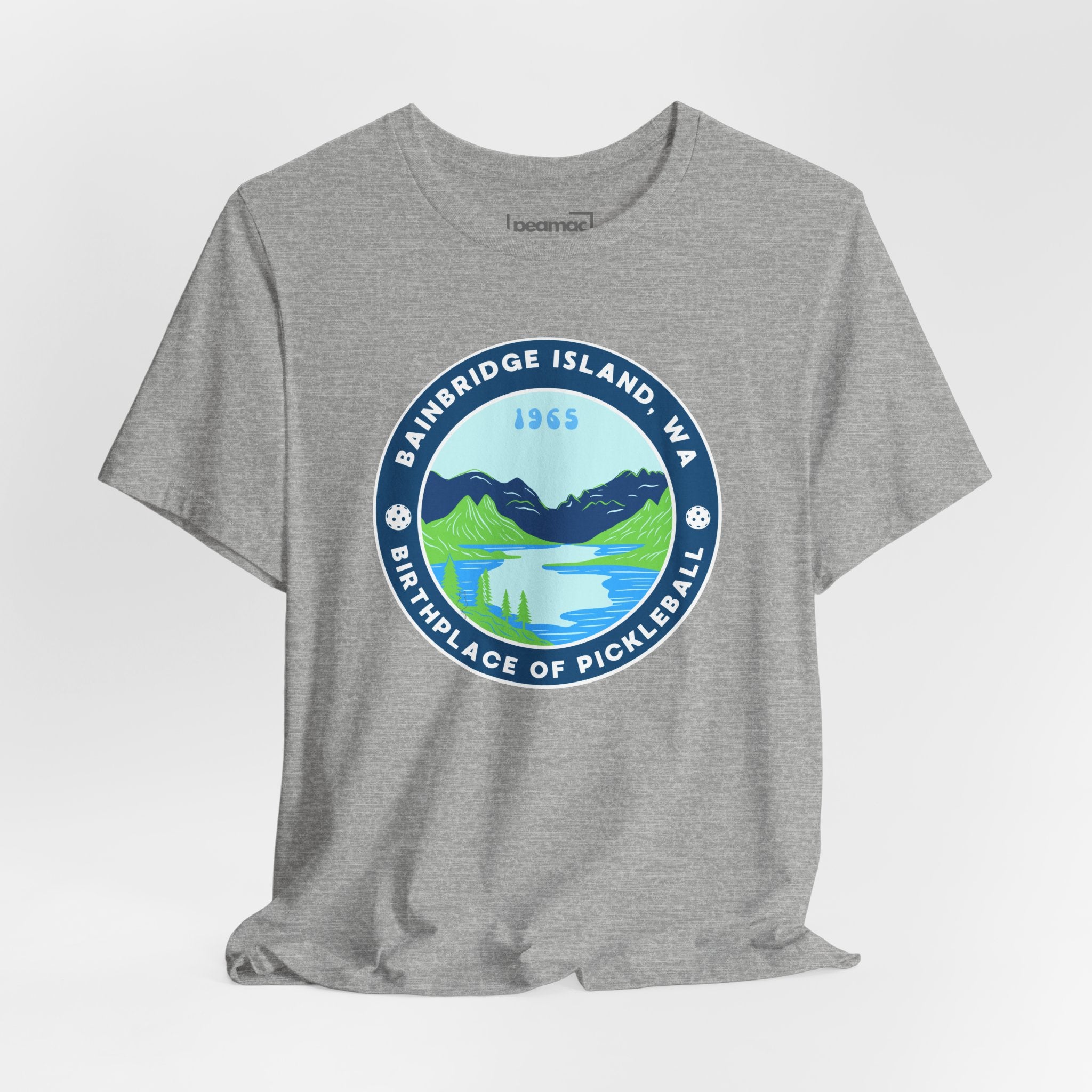 Unisex Bainbridge Island Pickleball T-Shirt with "Birthplace of Pickleball 1965" design, made by Printify.