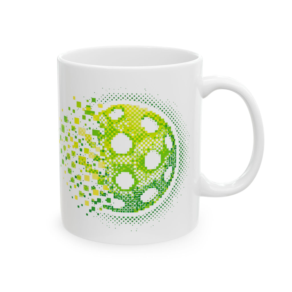 Green ceramic mug with retro pixelated pickleball exploding design, 11oz or 15oz size, by Printify.
