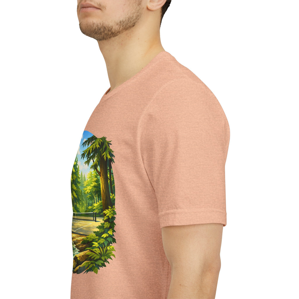 Unisex Hidden Forest Pickleball T-Shirt featuring a Bainbridge Island tribute design in natural colors, made by Printify.