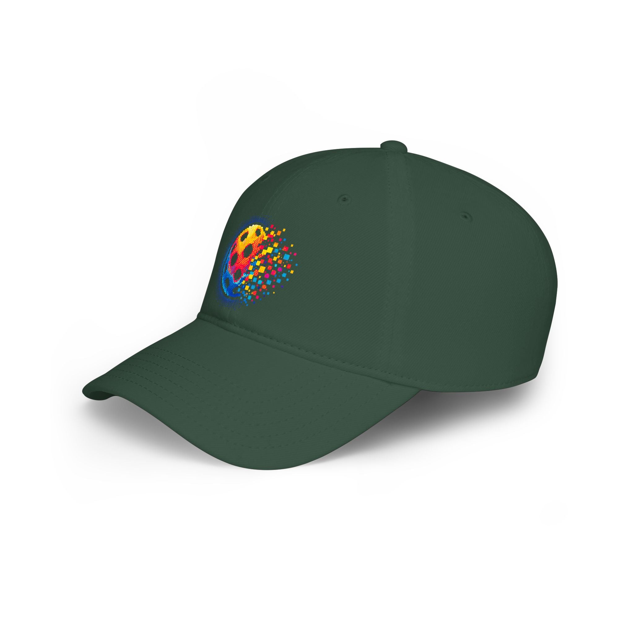 Pixelated Pickleball Cap, low profile cotton baseball hat by Printify, featuring a pixelated pickleball design on a casual hat.