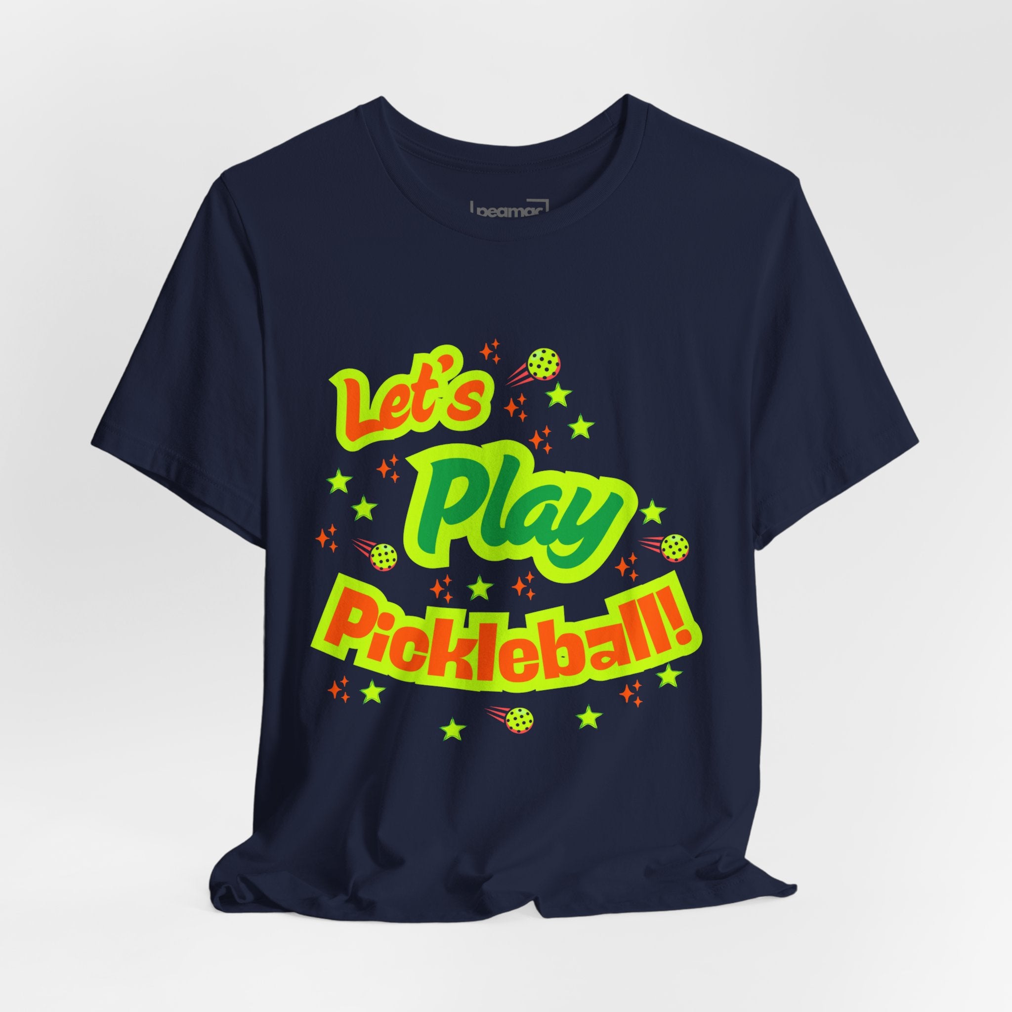 Neon orange and electric green Pickleball Rally T-Shirt with court graphic from Printify, casual sportswear for active wear.