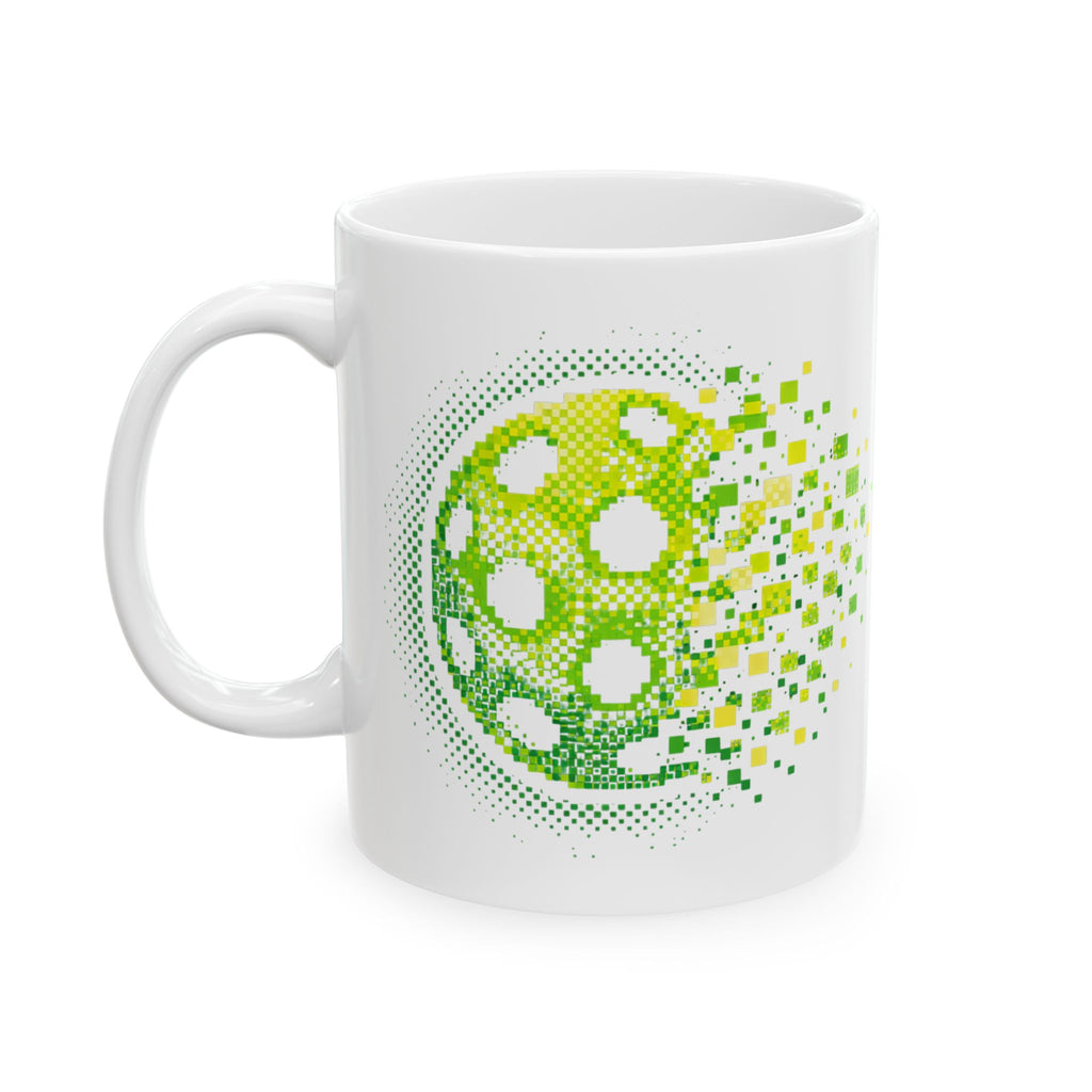 Green ceramic mug featuring a pixelated pickleball design with retro exploding graphic, available in 11oz and 15oz sizes.