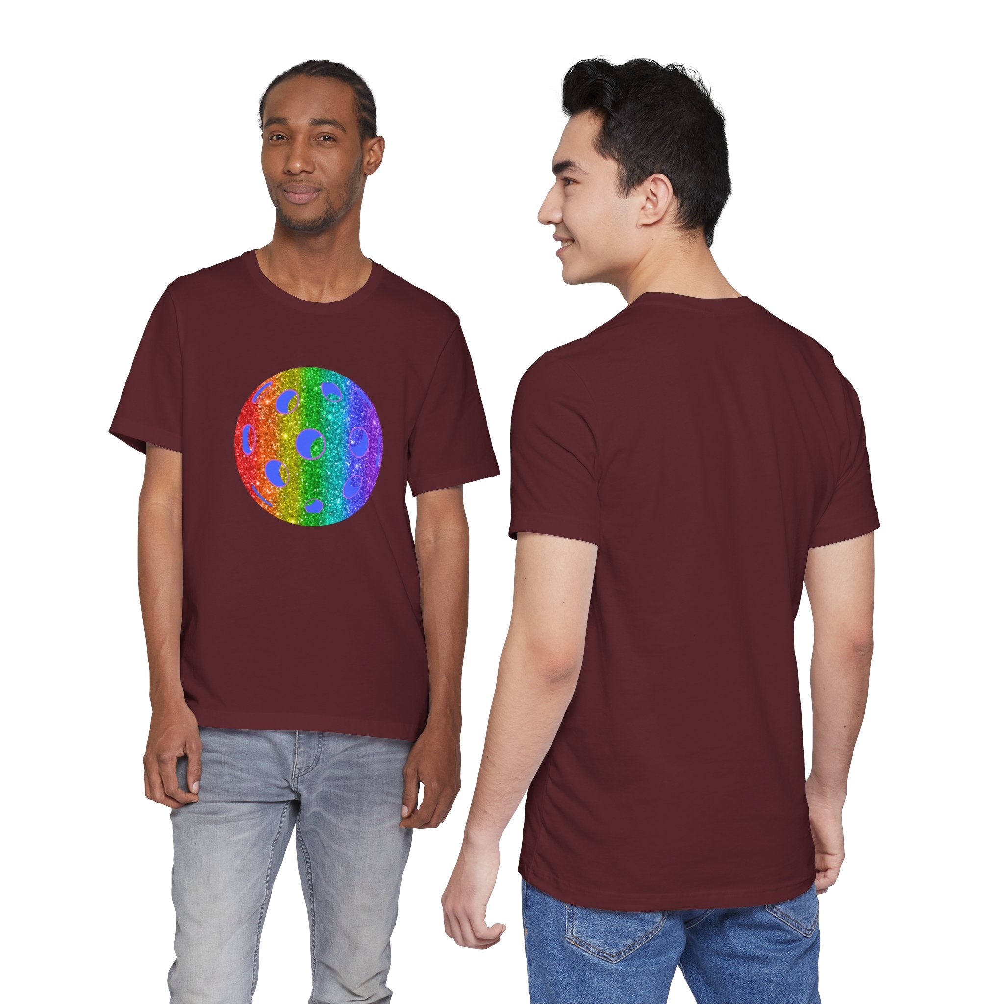 Rainbow glitter pickleball pride T-shirt featuring bold "Loud and Proud" text and colorful pickleball graphics.