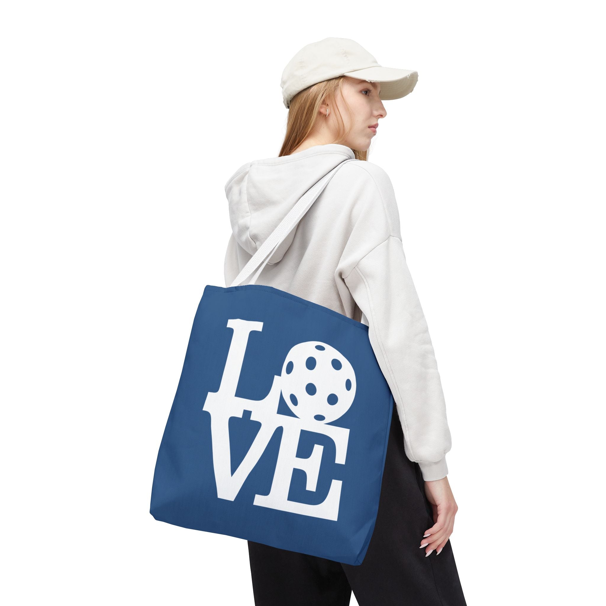 River blue Pickleball LOVE tote bag with printed LOVE design, stylish and spacious bag for sports and casual use.