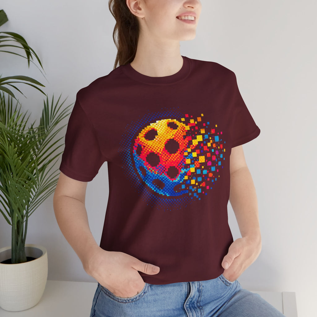 Matrix Burst Pickleball T-shirt with retro court graphic, casual short-sleeve tee from Printify featuring vibrant pickleball design.