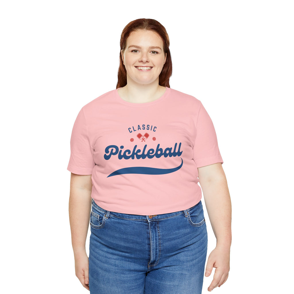 Red and blue pickleball script T-shirt featuring paddle and ball design, casual cotton tee by Printify.