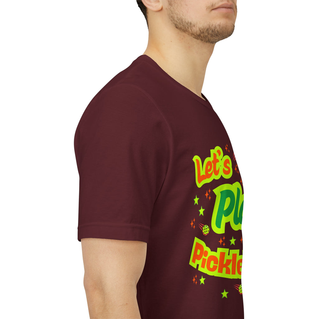 Neon orange and electric green Pickleball Rally T-Shirt with court graphic, casual athletic wear by Printify.