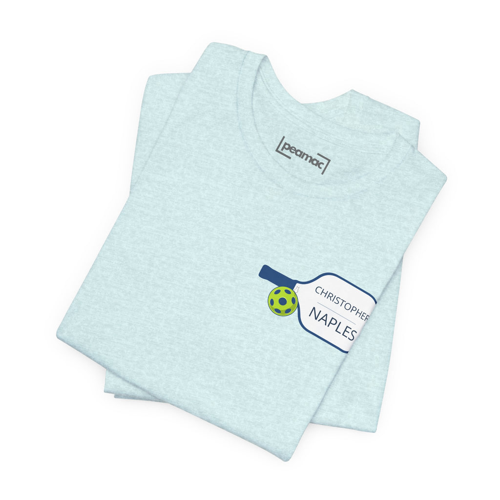 Personalized pickleball T-shirt with custom name and club logo graphic, designed by Printify, featuring a paddle graphic.