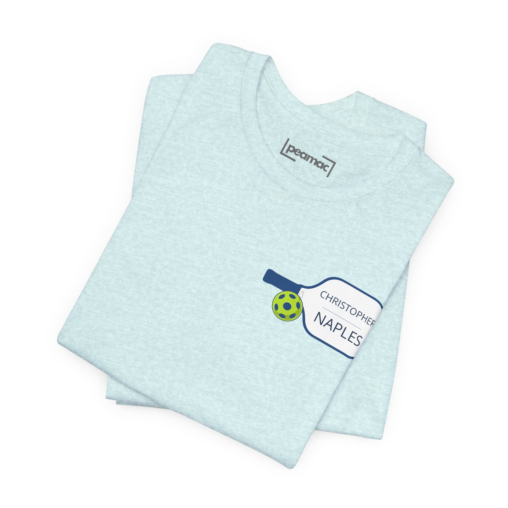 Personalized pickleball T-shirt with custom name and club logo graphic, designed by Printify, featuring a paddle graphic.