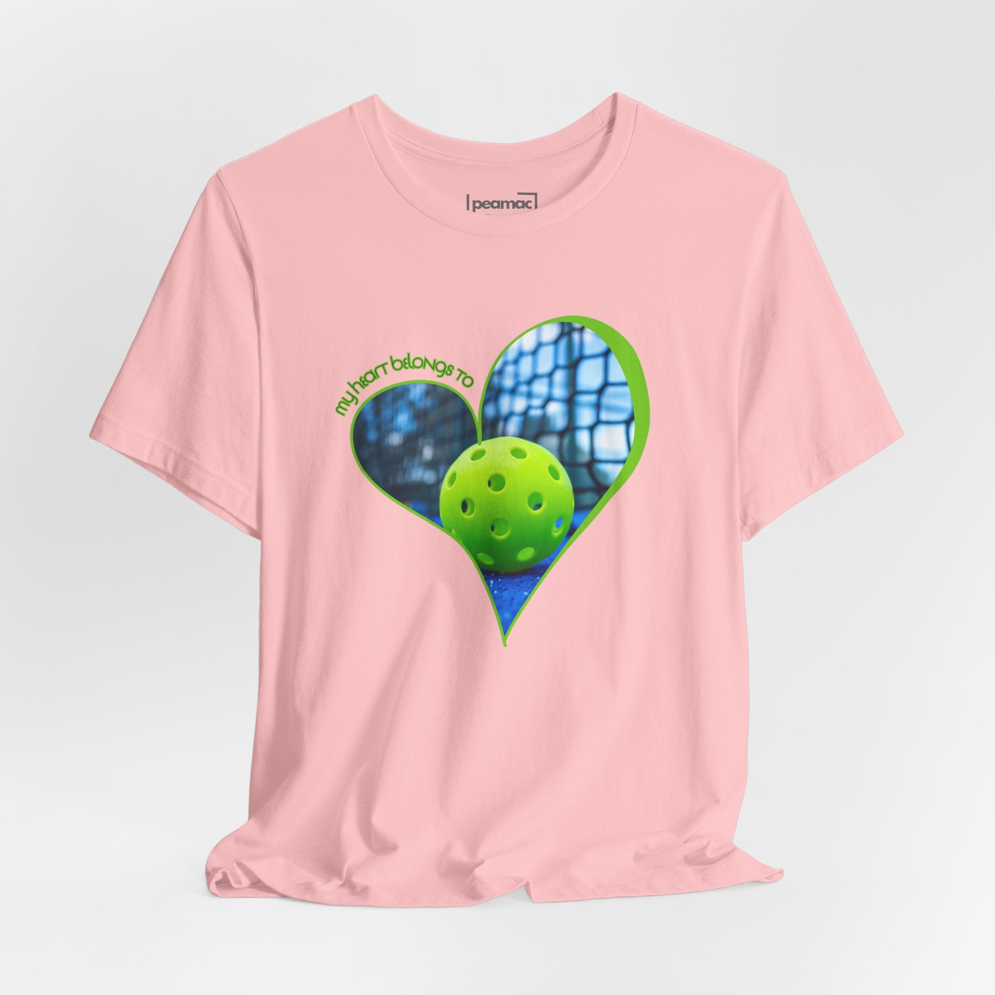 White Pickleball T-shirt with "My Heart Belongs to Pickleball" text for players and fans, casual and comfortable apparel by Printify.