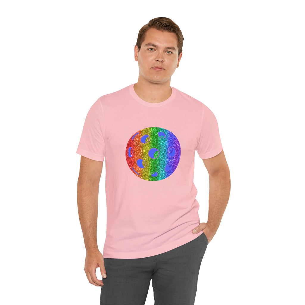 Rainbow glitter pickleball pride T-shirt by Printify featuring bold "Loud and Proud" message and colorful pickleball graphic.