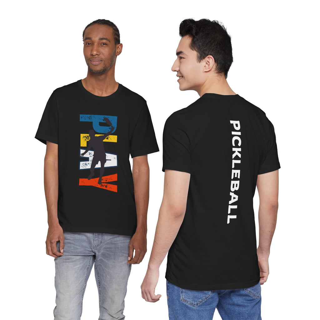 Men's Retro Pickleball Action T-Shirt with front silhouette and vertical "PICKLEBALL" text on the back, by Printify.