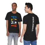 Men's Retro Pickleball Action T-Shirt with front silhouette and vertical "PICKLEBALL" text on the back, by Printify.