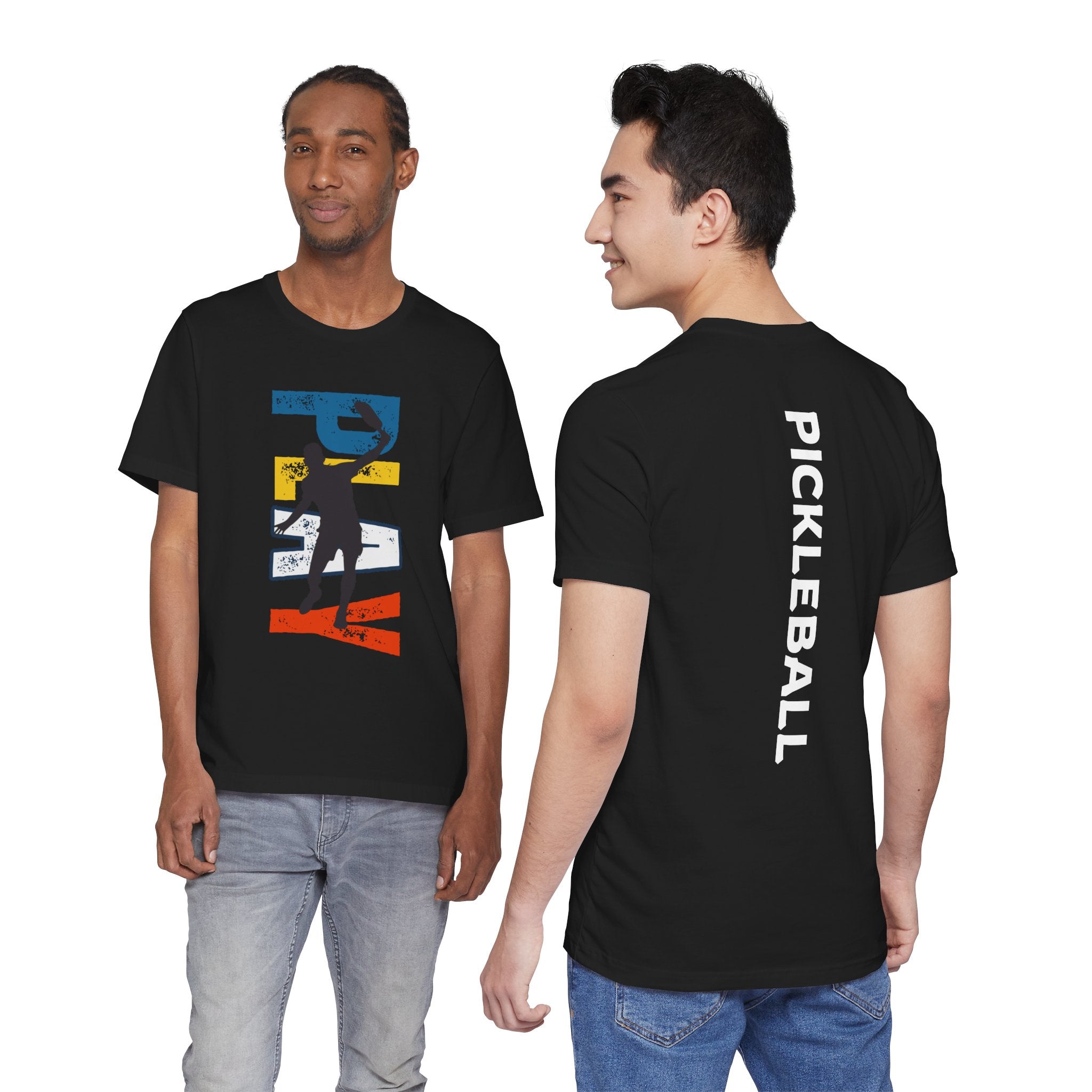 Men's Retro Pickleball Action T-Shirt with front silhouette and vertical "PICKLEBALL" text on the back, by Printify.