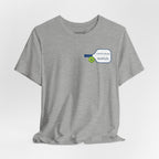 Personalized pickleball T-shirt with custom name and club graphic design, featuring a paddle illustration and vibrant colors.