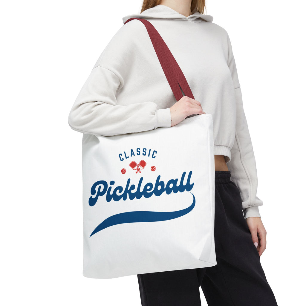 Large Pickleball Classic tote bag in red and blue with shoulder straps, rugged and roomy 18x18-inch storage for gear.