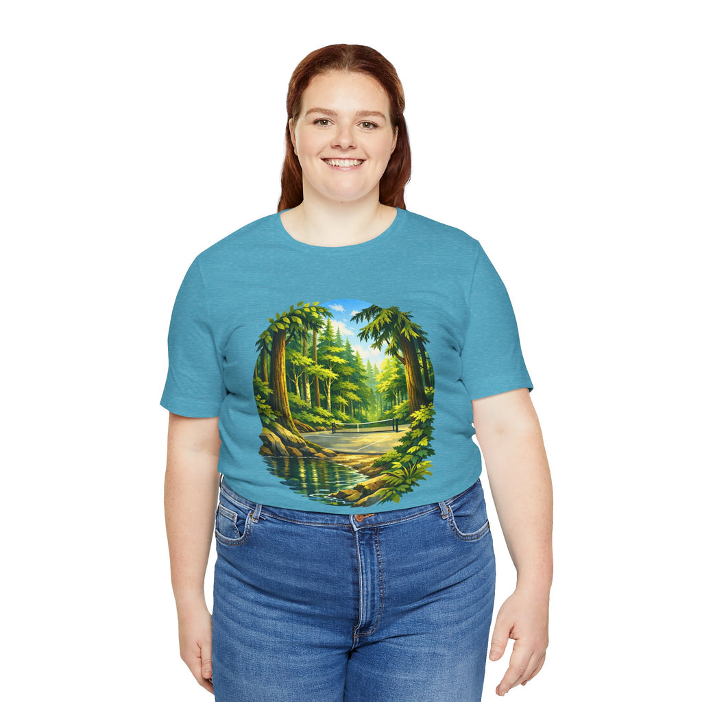 Unisex Hidden Forest Pickleball T-Shirt with Bainbridge Island tribute design by Printify, featuring forest imagery.