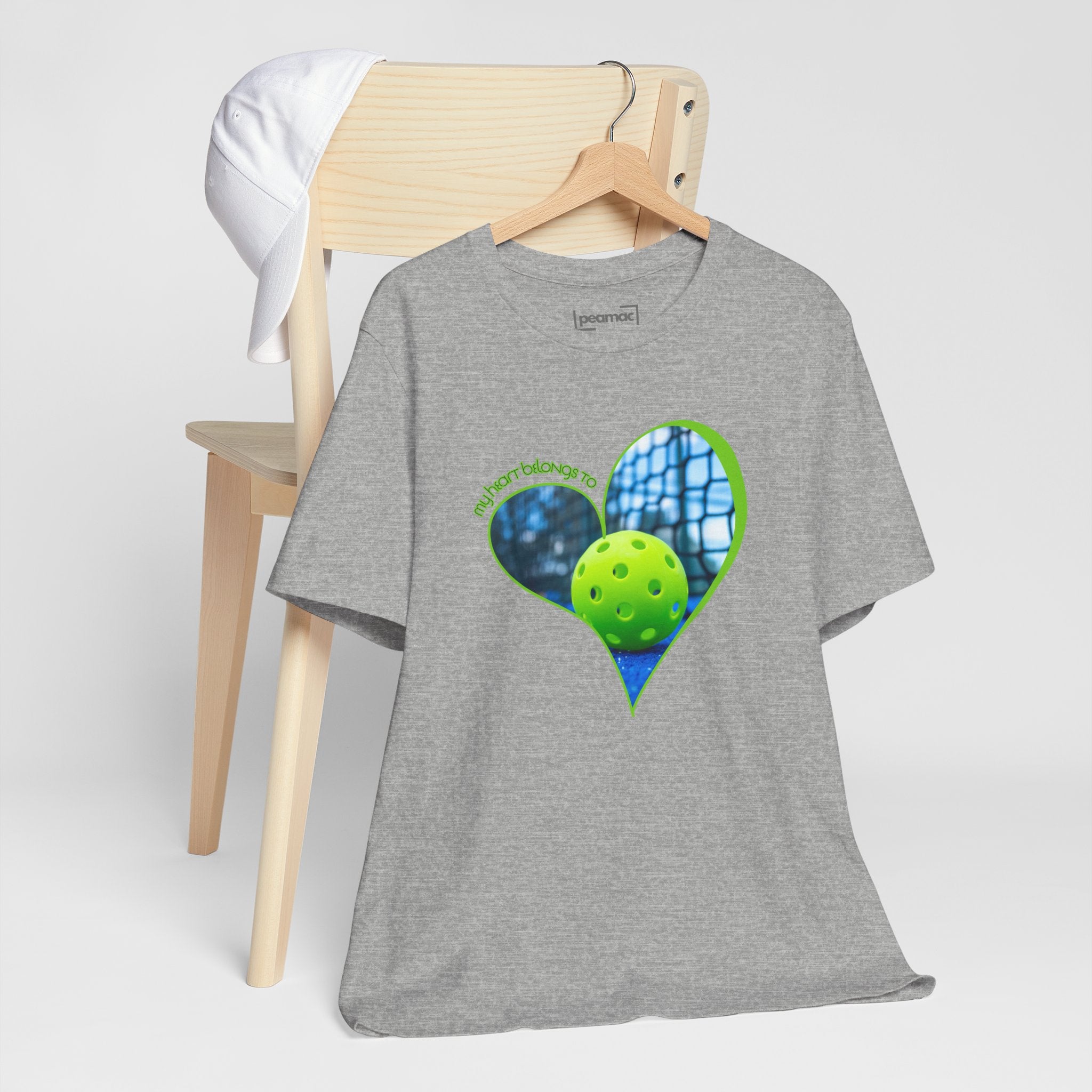 White Pickleball T-shirt with "My Heart Belongs to Pickleball" slogan, suitable for players and fans, by Printify.