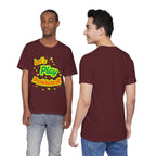 Neon orange and electric green pickleball rally T-shirt with court graphic design, casual athletic wear by Printify
