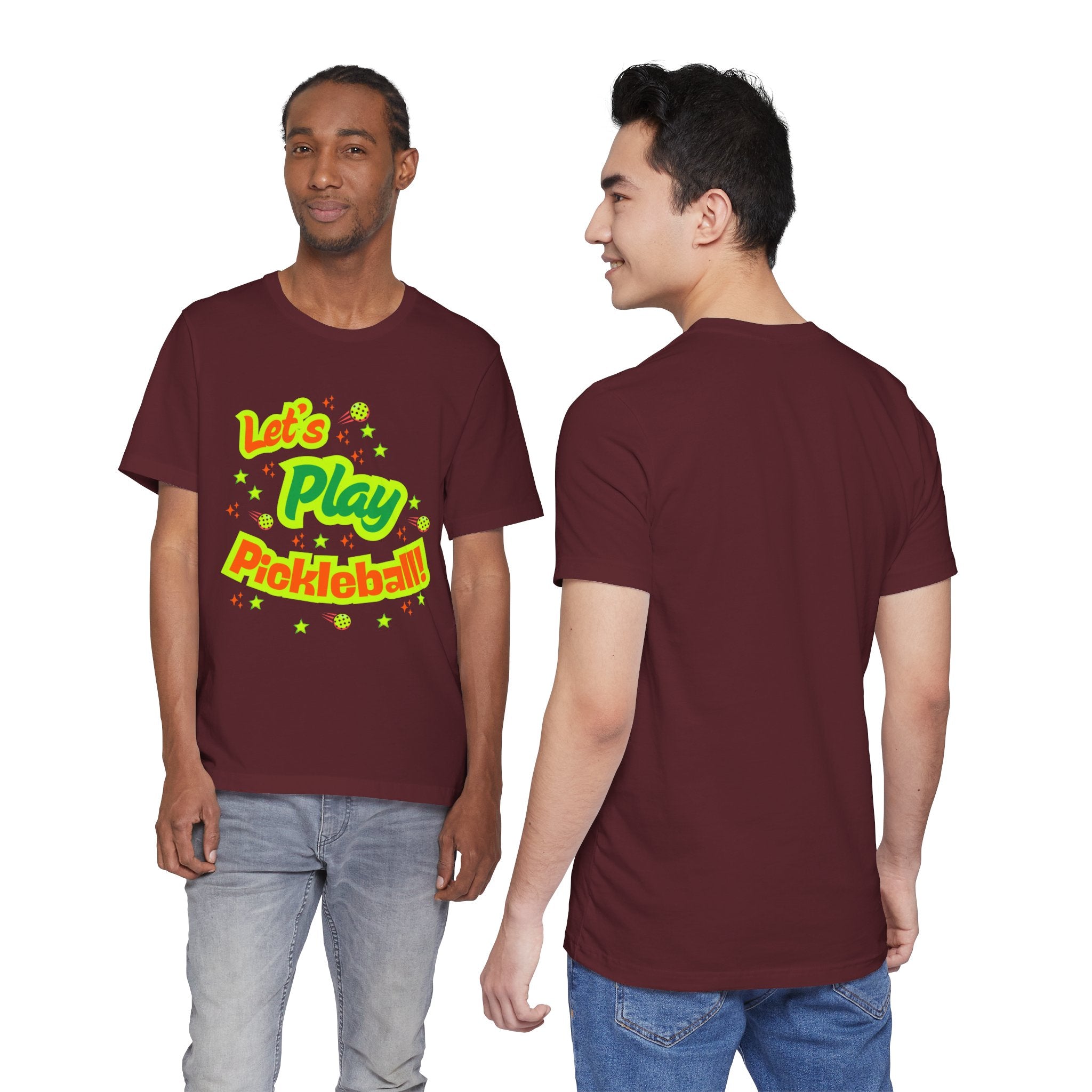 Neon orange and electric green pickleball rally T-shirt with court graphic design, casual athletic wear by Printify