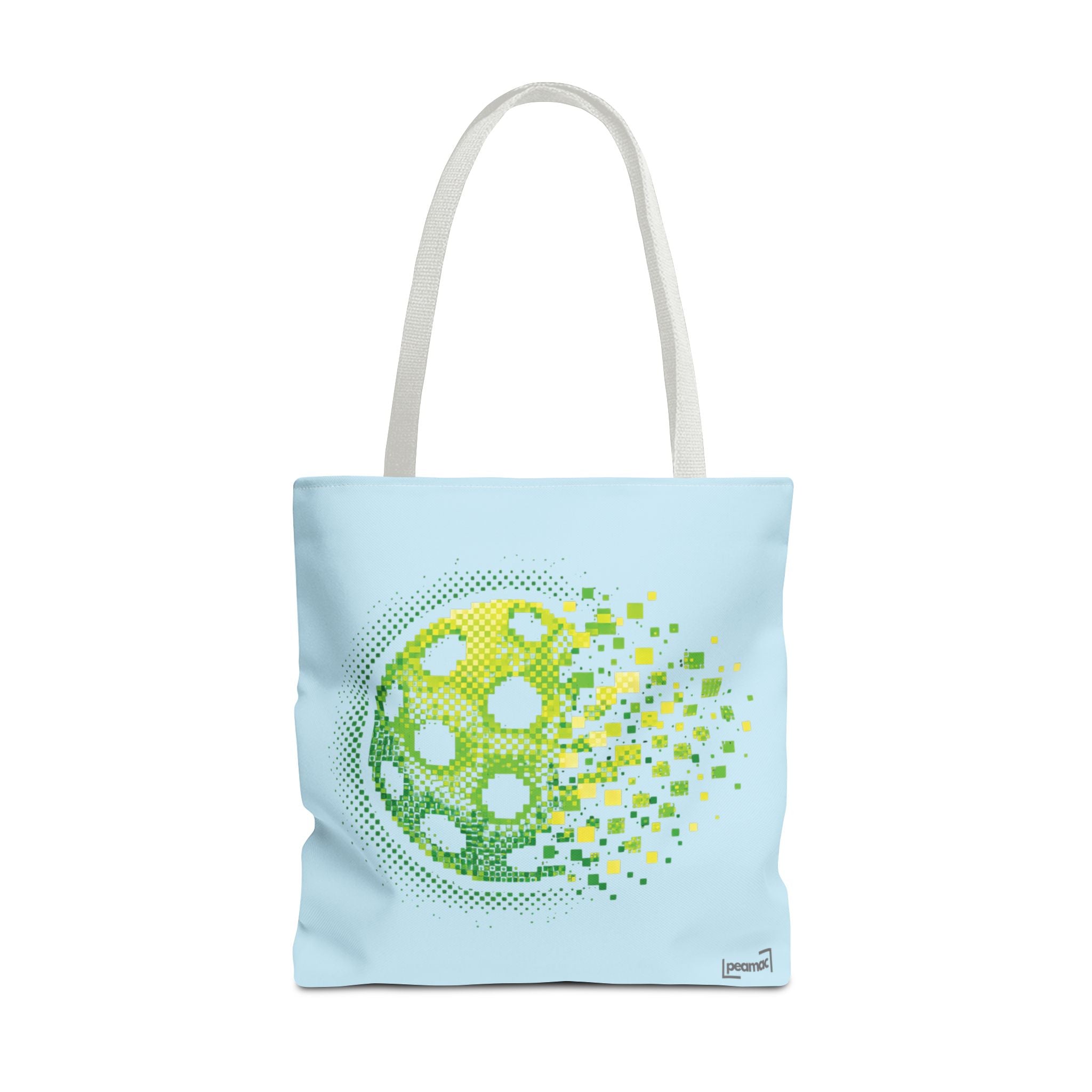 Pixelated pickleball tote bag in green, yellow, and light blue with digital smash design, 18x18 inches, by Printify
