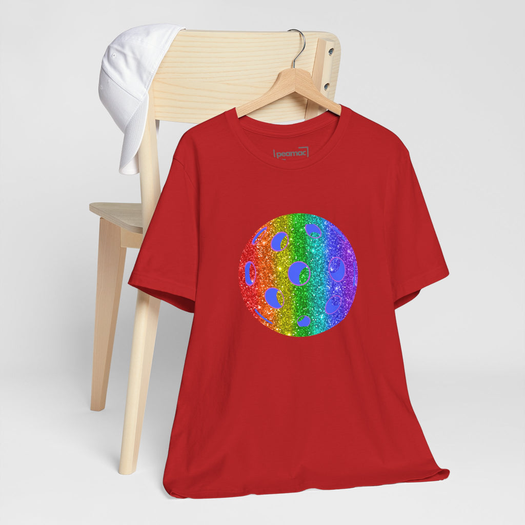 Rainbow glitter pickleball pride T-shirt by Printify featuring colorful, sparkly pickleball design and bold pride-themed graphics.