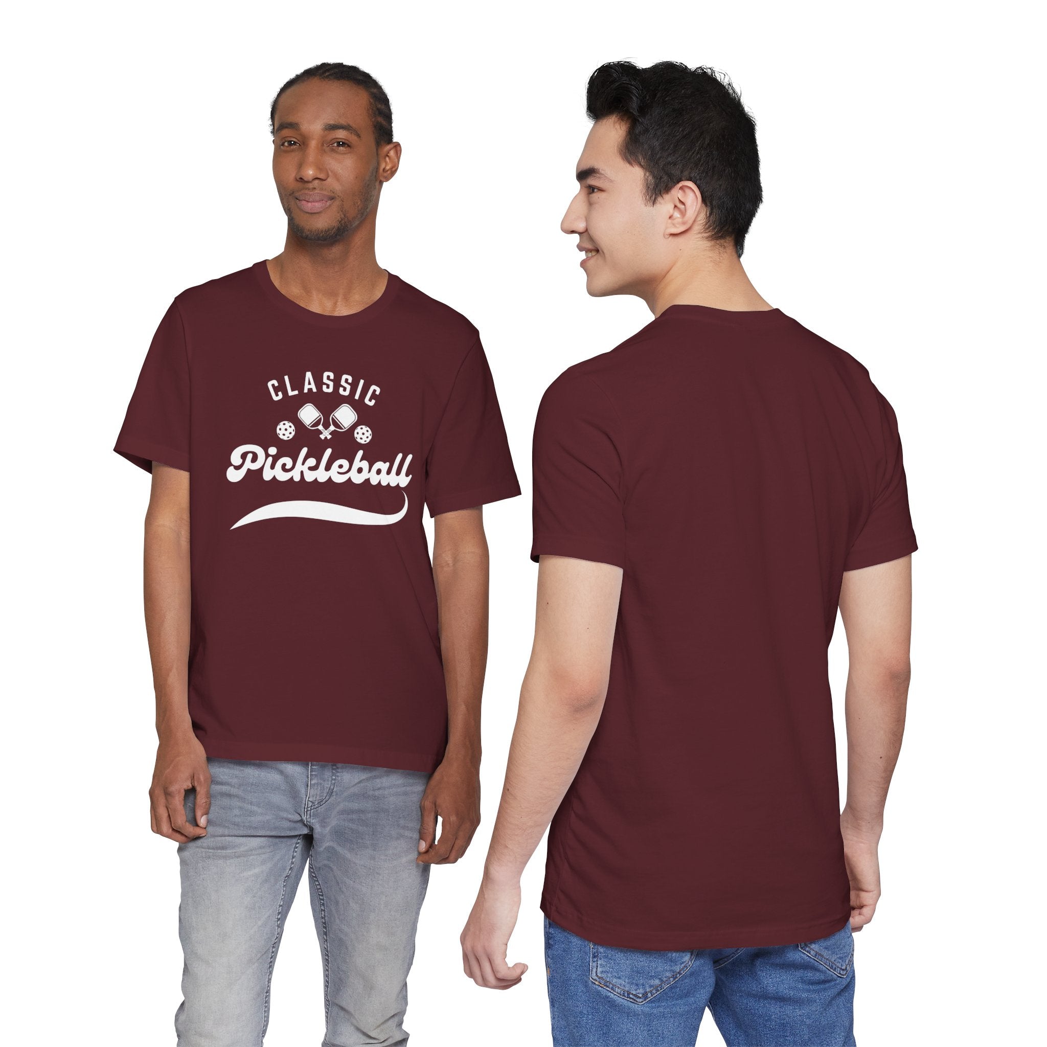 Classic pickleball T-shirt with "Pickleball" script design, lightweight cotton, casual fit, ideal for pickleball players and fans.