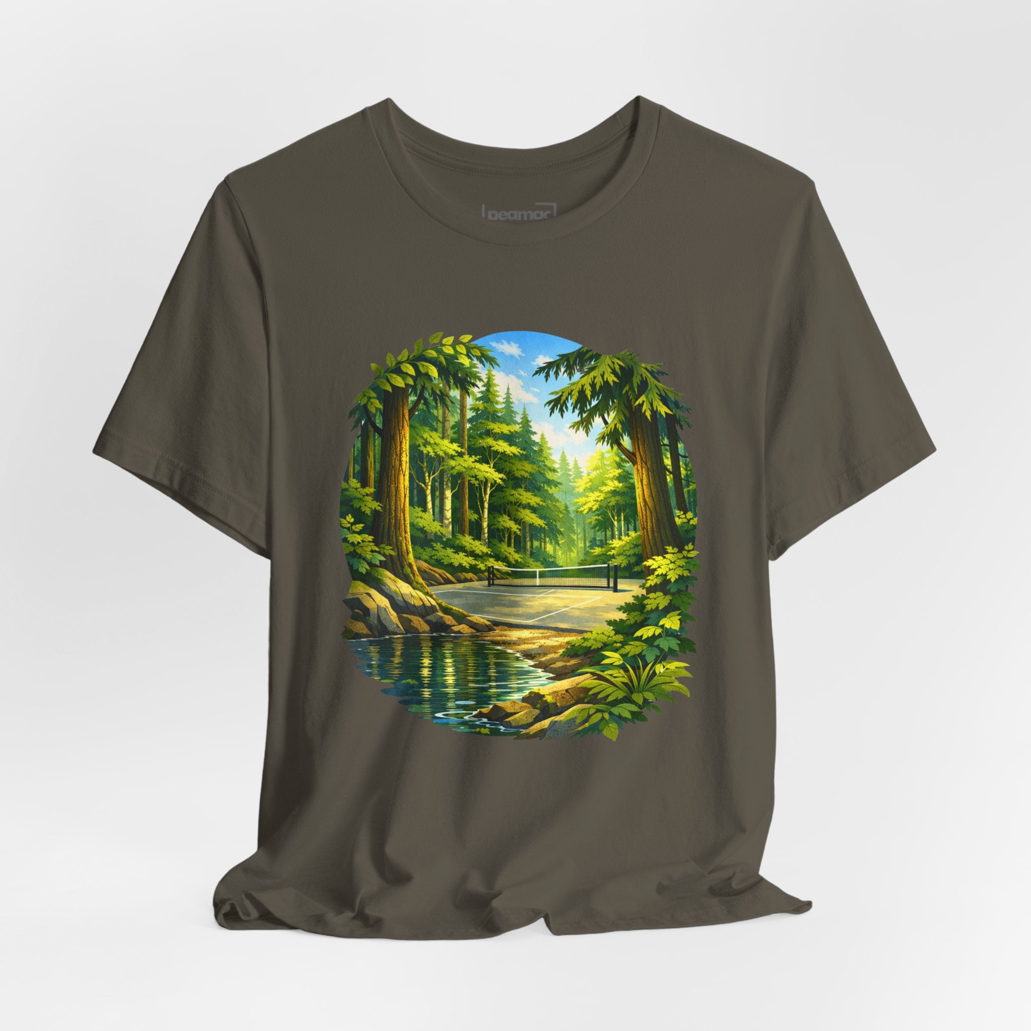 Unisex Hidden Forest Pickleball T-Shirt with Bainbridge Island tribute design, printed by Printify, featuring a forest scene.