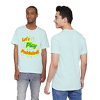 Neon orange and electric green pickleball rally T-shirt with court graphic, casual athletic style from Printify.