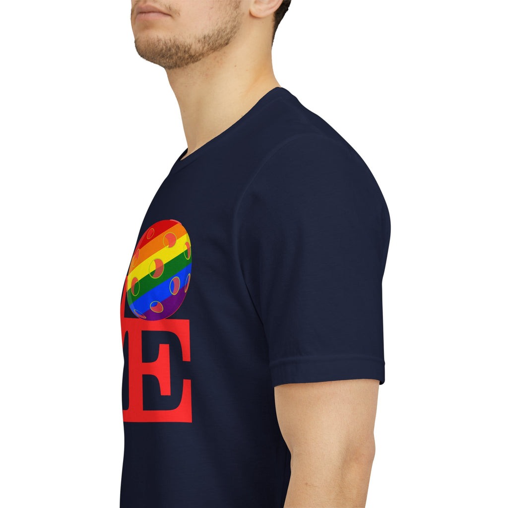 Rainbow LGBTQ2 T-shirt featuring the LOVE Pickleball Pride Tee design, casual unisex t-shirt with colorful pride graphics.