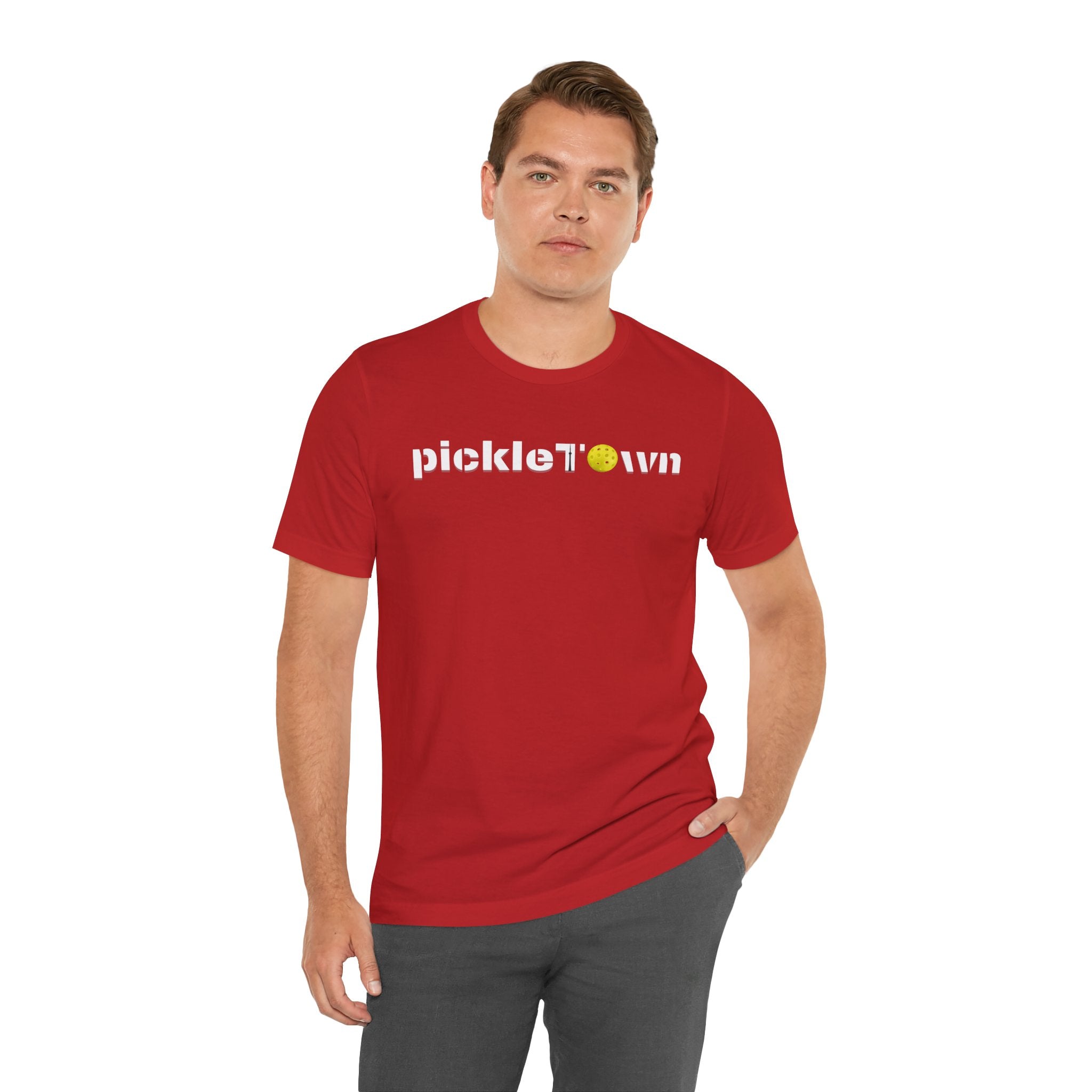 Toronto PickleTown T-Shirt featuring CN Tower and pickleball design, casual graphic tee by Printify.