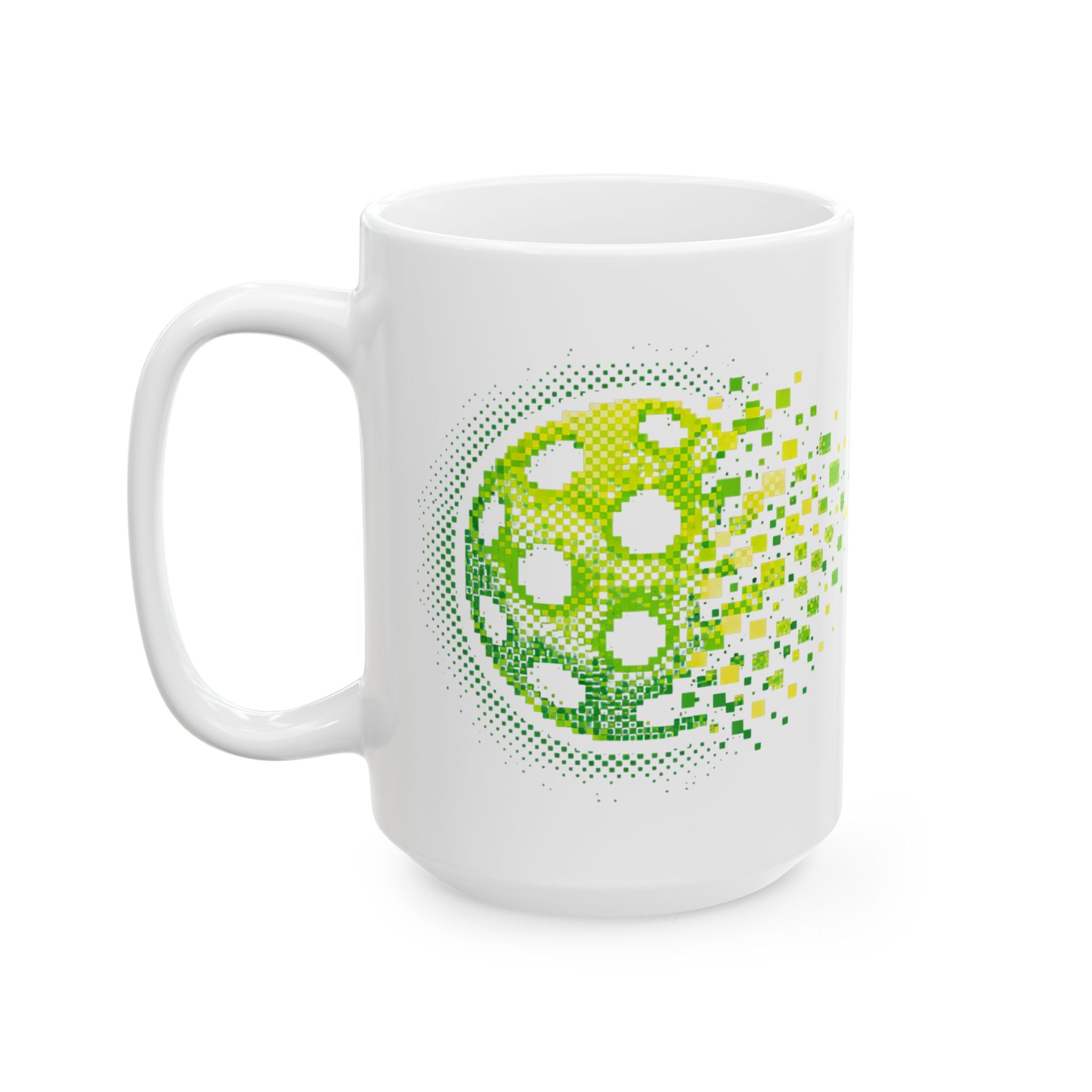 Green Pixelated Pickleball ceramic mug with retro exploding pickleball design, available in 11oz and 15oz sizes.