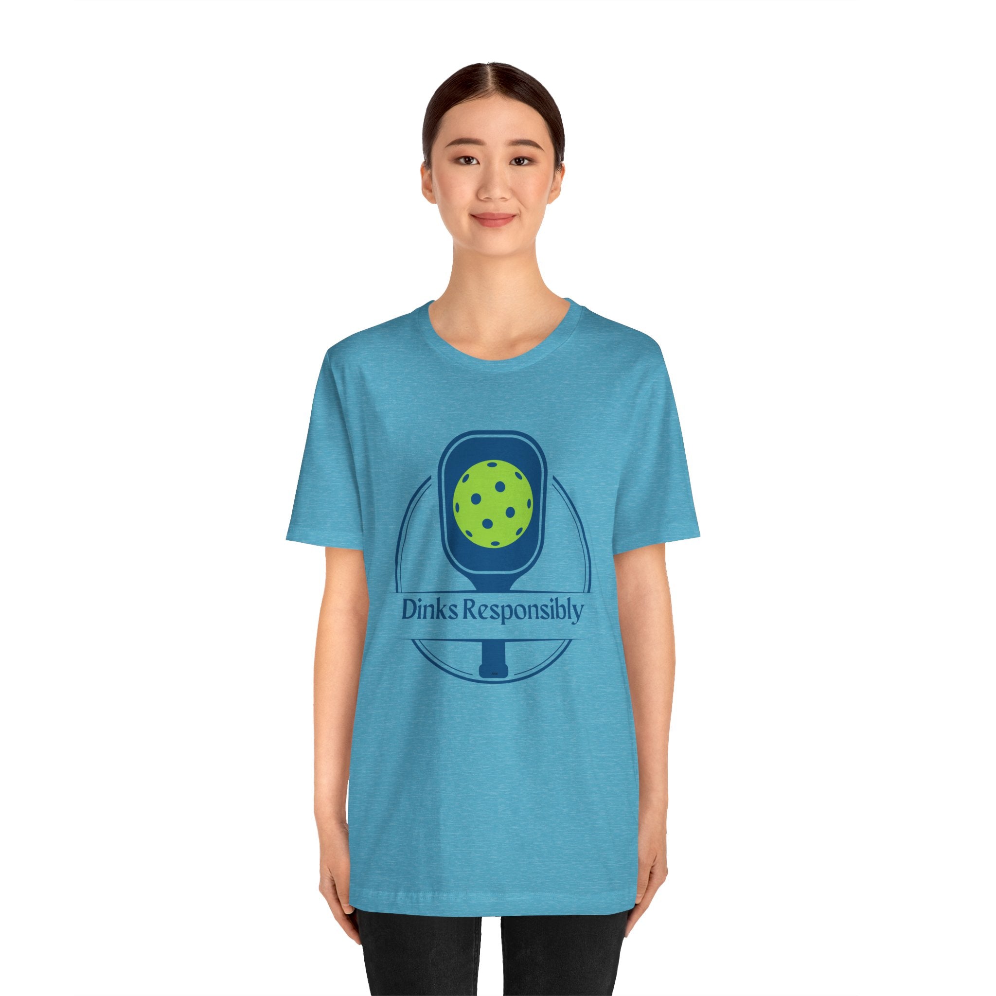Dinks Responsibly pickleball T-shirt with paddle and ball graphic, fun and casual pickleball shirt by Printify