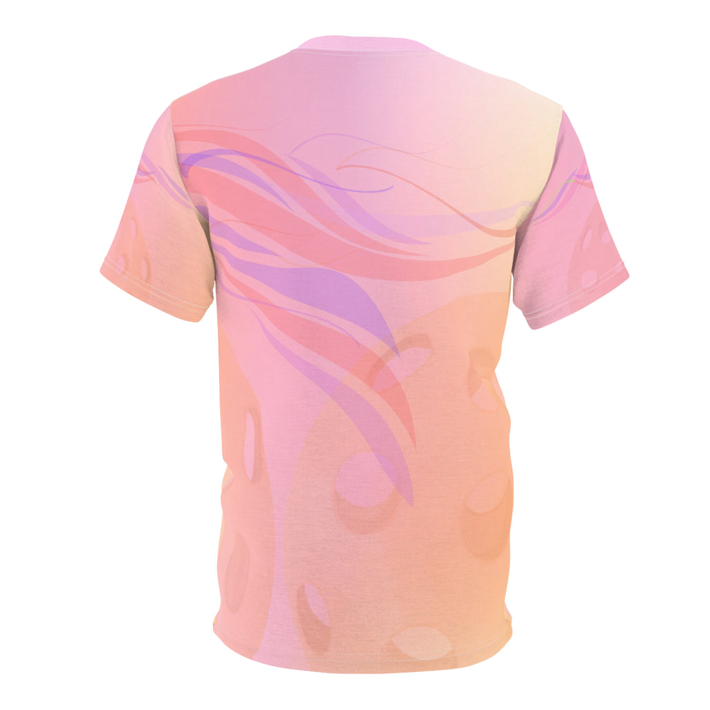 All-over print July Sunset Pickleball Tee, moisture-wicking unisex T-shirt by Printify featuring vibrant sunset design.