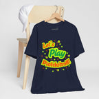 Neon orange and electric green Pickleball Rally T-Shirt with court graphic by Printify, casual athletic style.