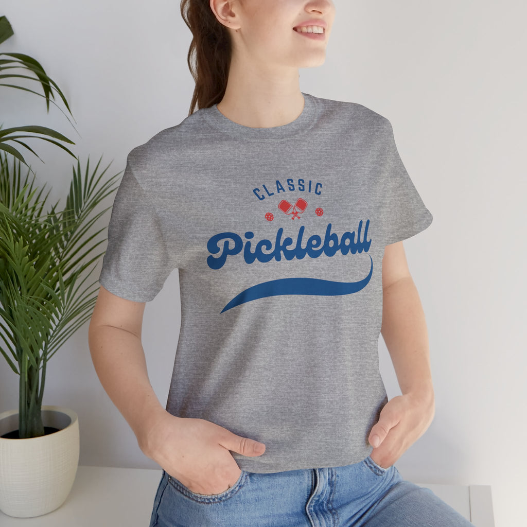 Red and blue pickleball script T-shirt featuring paddle and ball design, casual printify branded cotton tee for pickleball enthusiasts