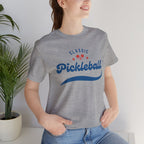Red and blue pickleball script T-shirt featuring paddle and ball design, casual printify branded cotton tee for pickleball enthusiasts