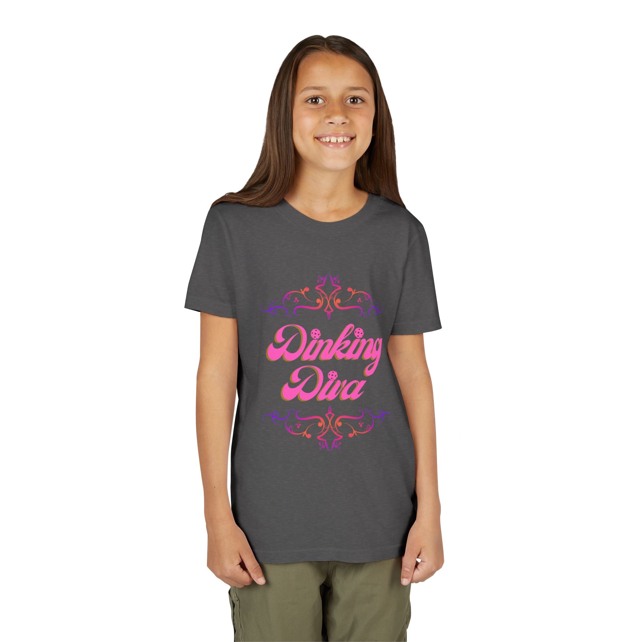 Pink Dinking Diva youth pickleball shirt with filigree design, made for kids, by Printify. Bright, fun, and comfortable kids' sportswear.