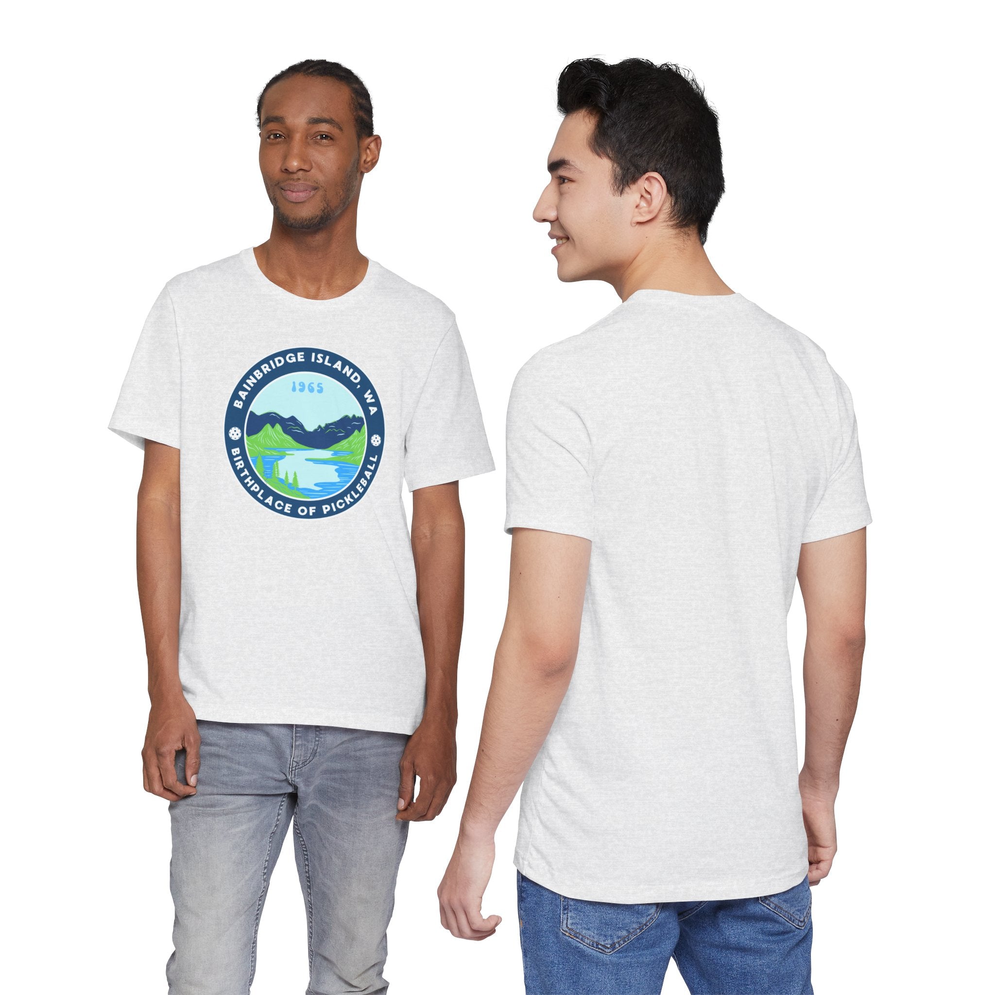Unisex Bainbridge Island Pickleball T-Shirt with "Birthplace of Pickleball 1965" print, casual cotton tee by Printify.