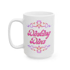 Pink ceramic Dinking Diva pickleball mug with filigree design, available in 11oz and 15oz sizes, by Printify.