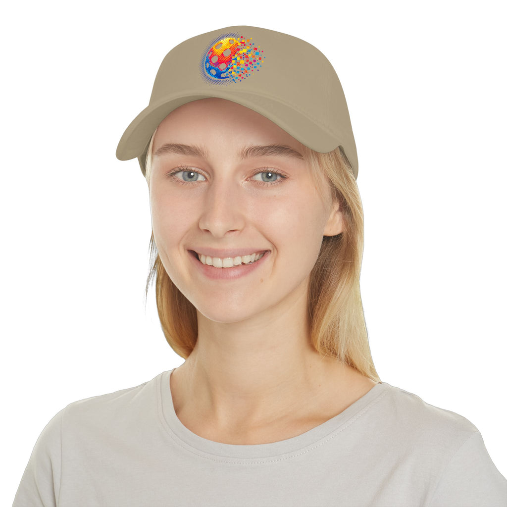 Pixelated Pickleball Cap, low profile cotton baseball hat with pixelated pickleball print, by Printify.